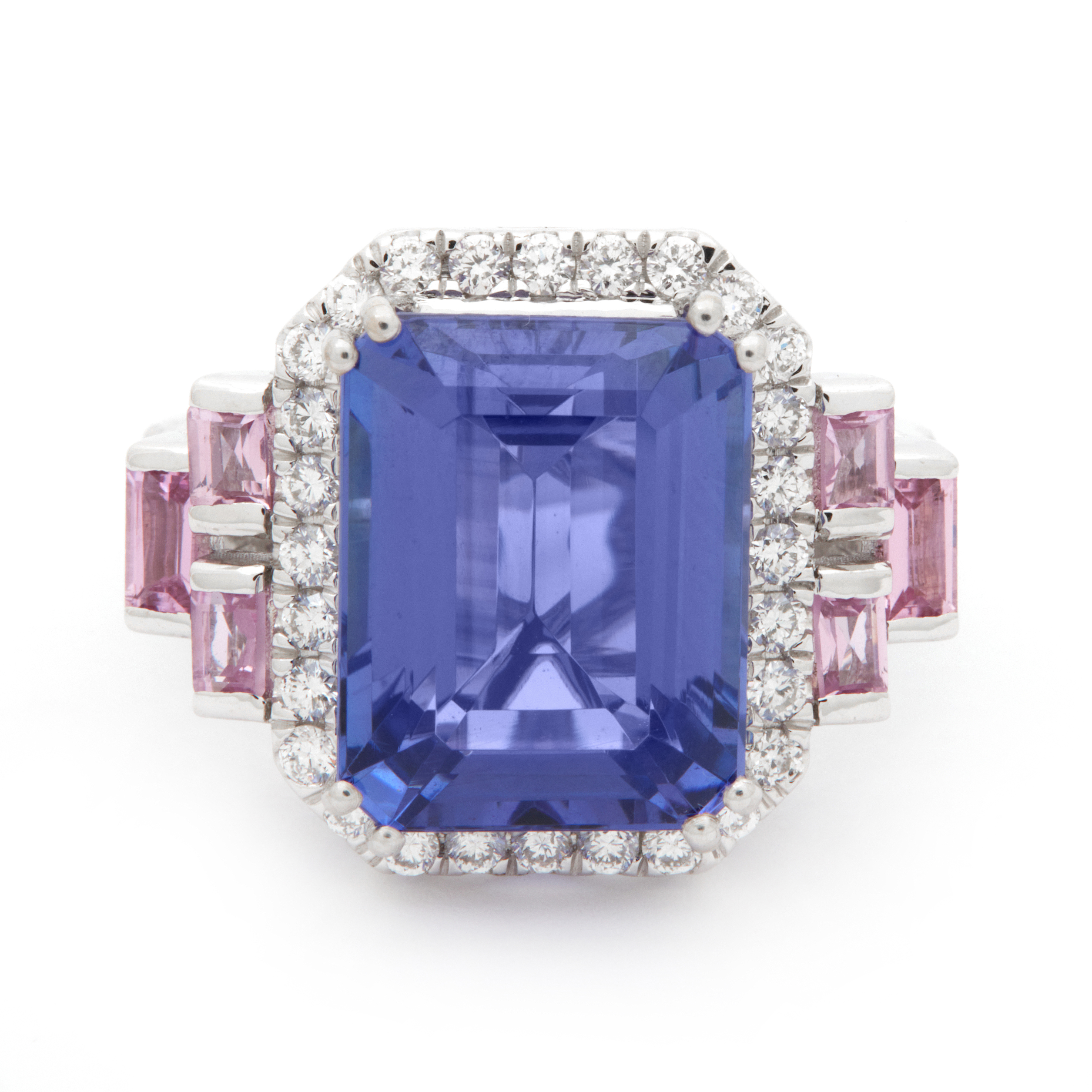 Inel GALA din aur alb de 18k cu tanzanit (9.18 ct.), safire roz (0.66 ct.) si diamante (0.835 ct.)
