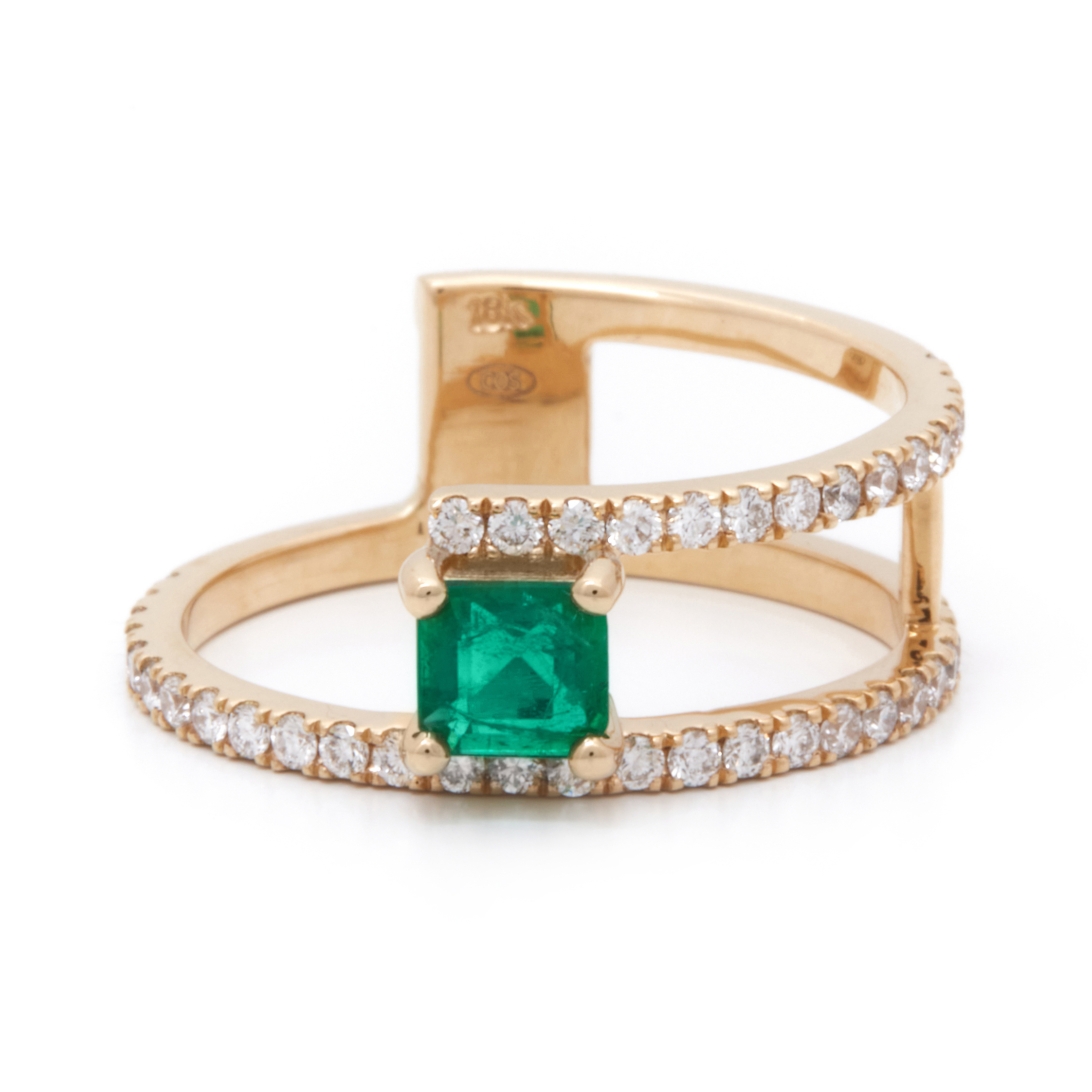 Inel aur galben 18k, smarald si diamante 0.4 ct.