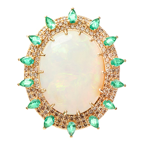 Brosa GALA din aur galben de 18k cu opal, smaralde si diamante