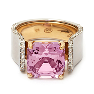 Inel GALA: aur 18k / kunzit (5.83 ct.) / diamante (0.32 ct.)