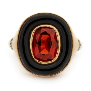 Inel aur galben 18k cu onix, granat si diamante