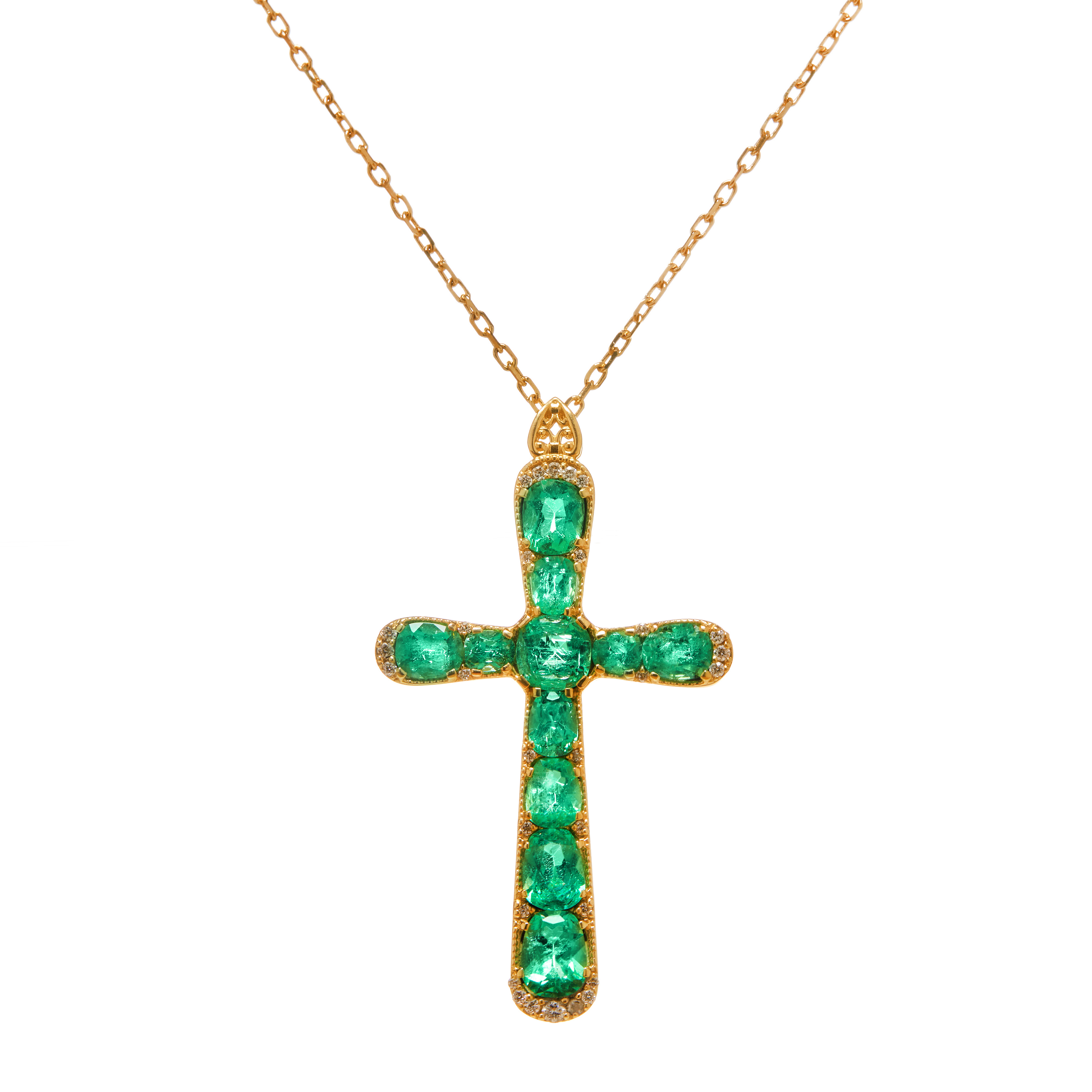 Pandantiv cruce aur galben 18k, smarald si diamante