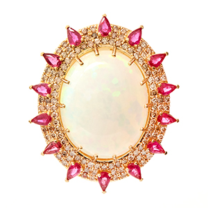 Brosa GALA din aur galben de 18k cu opal, rubin si diamante