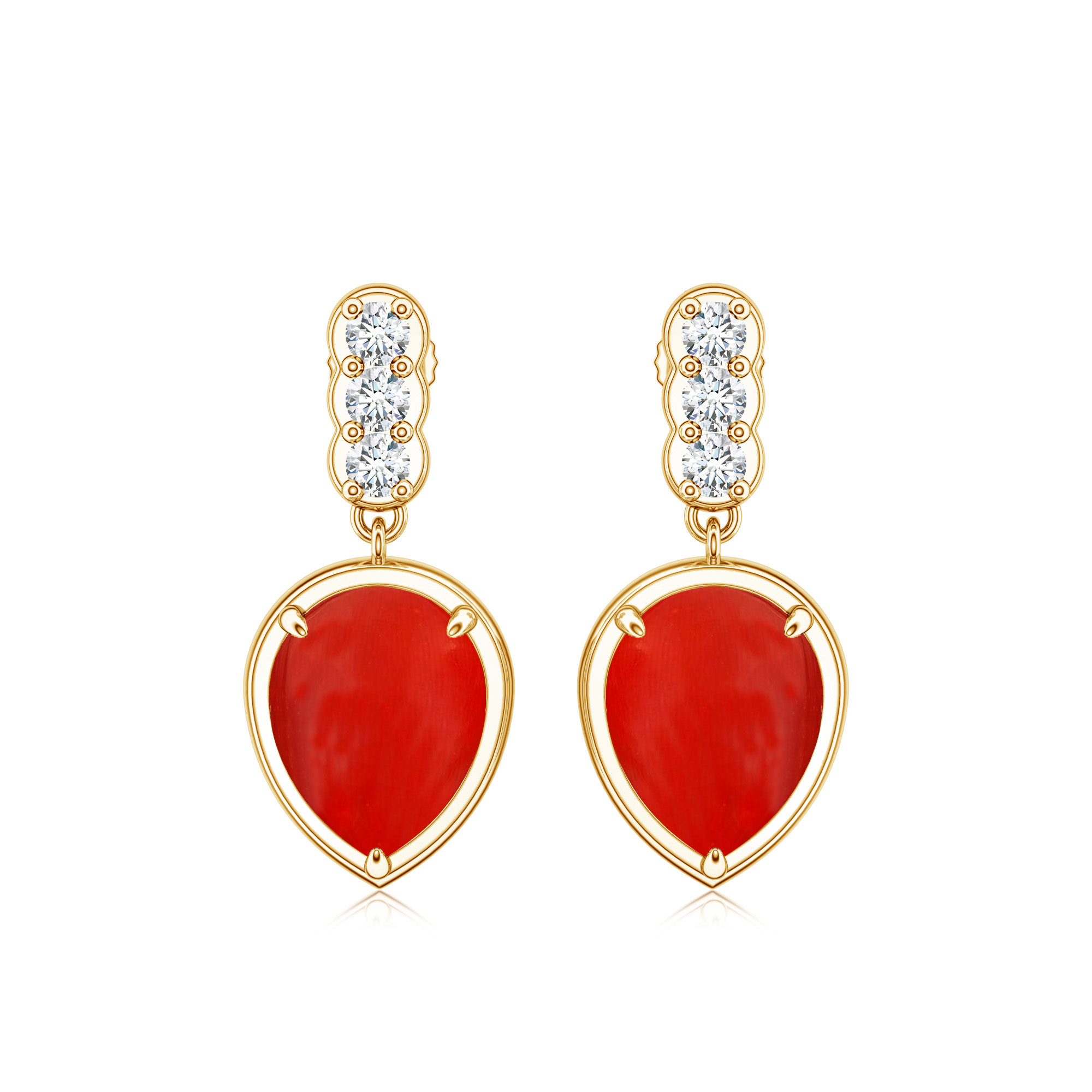 Cercei TIMELESS din aur galben de 18k cu coral rosu si diamante