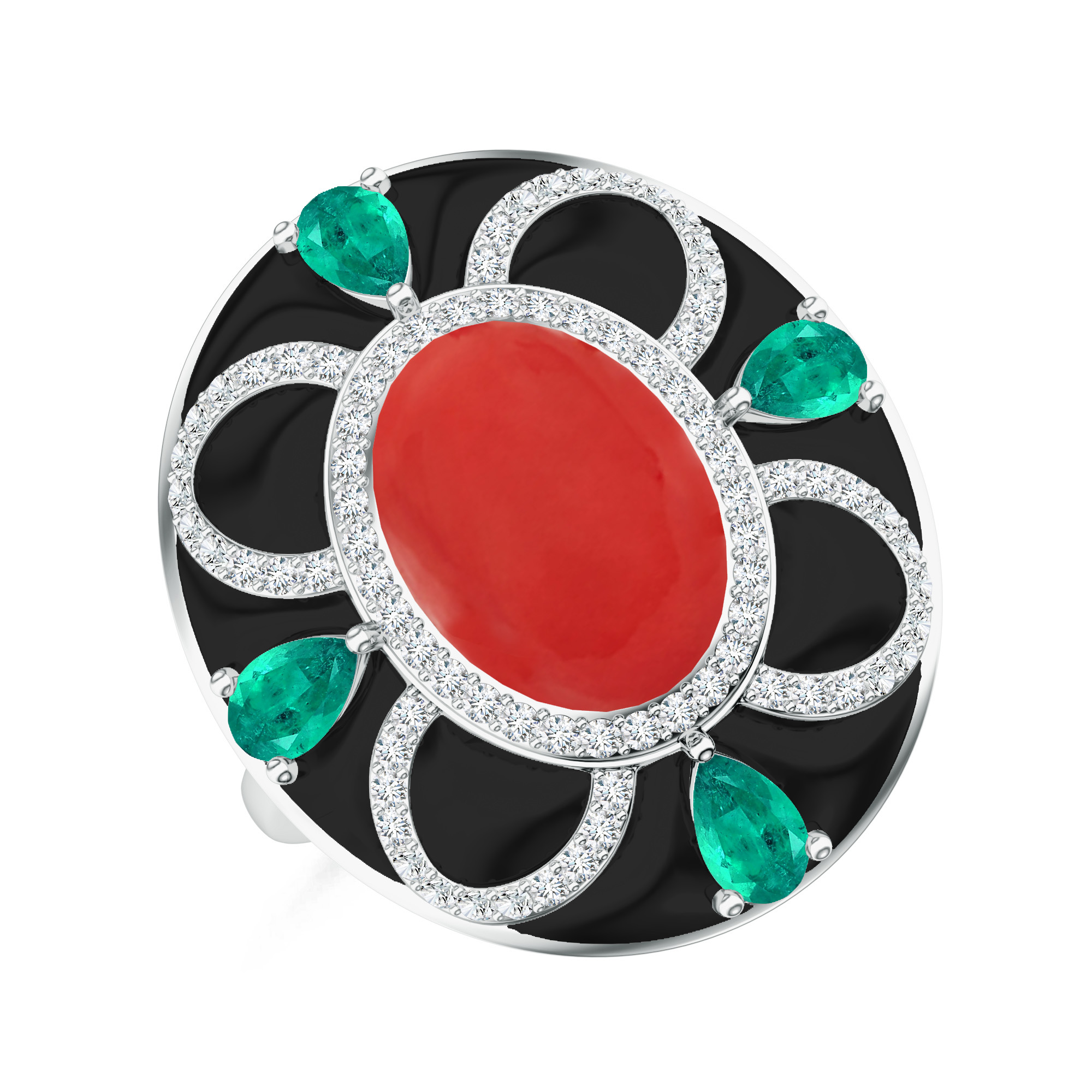Inel GALA din aur alb de 18k cu coral, onix, smaralde si diamante