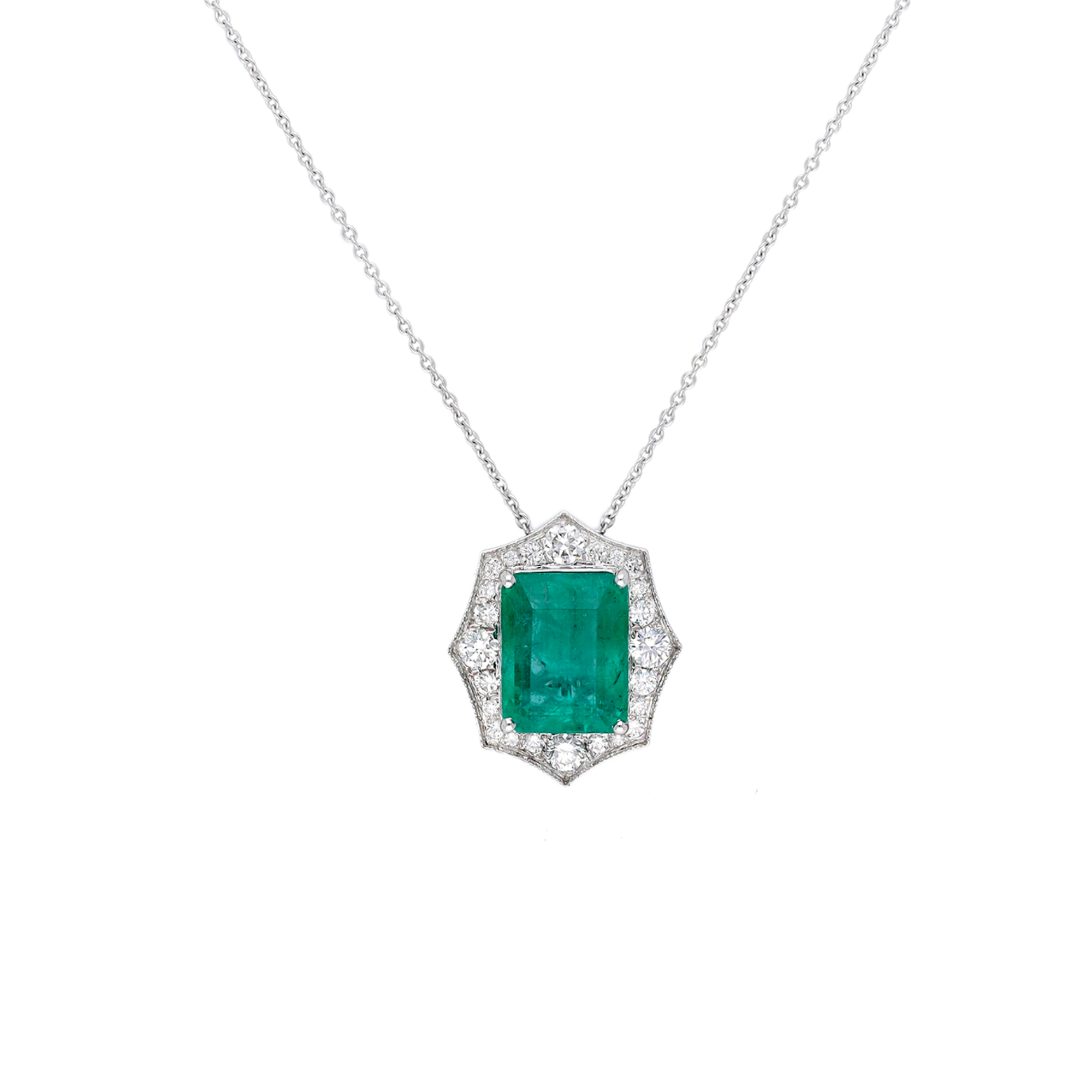 Pandantiv aur alb 18k, smarald 3.2 ct. si diamante 0.43 ct.