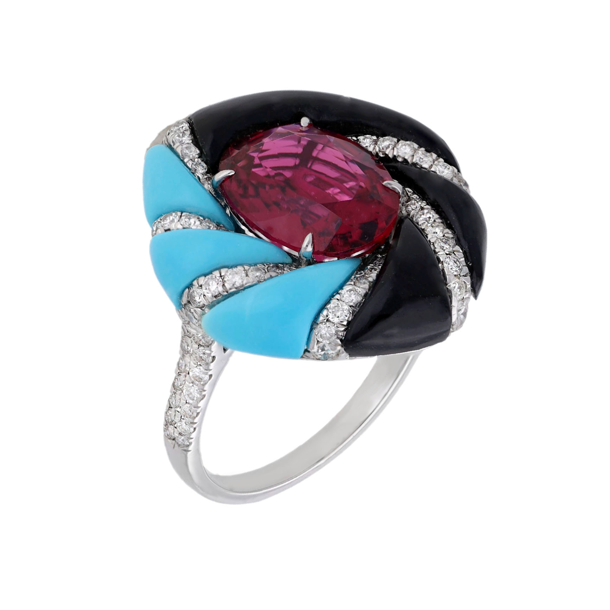Inel GALA aur alb 18k: rubelit, onix, turcoaz, diamante