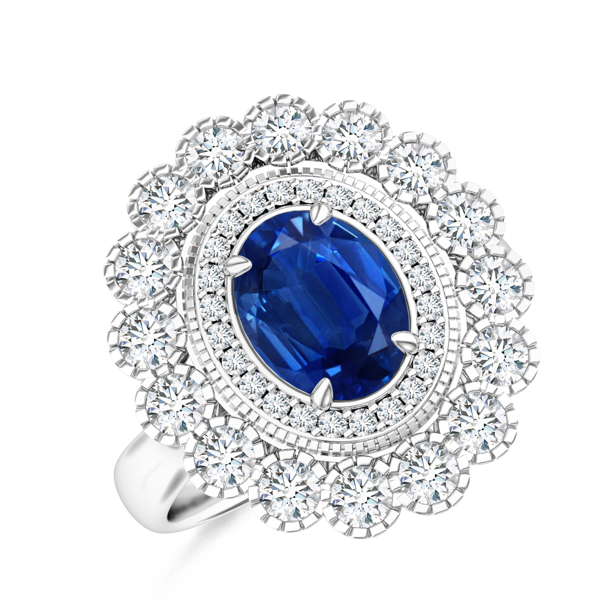 Inel GALA din aur alb de 18k cu safir albastru (1.65 ct.) si diamante (0.974 ct.)