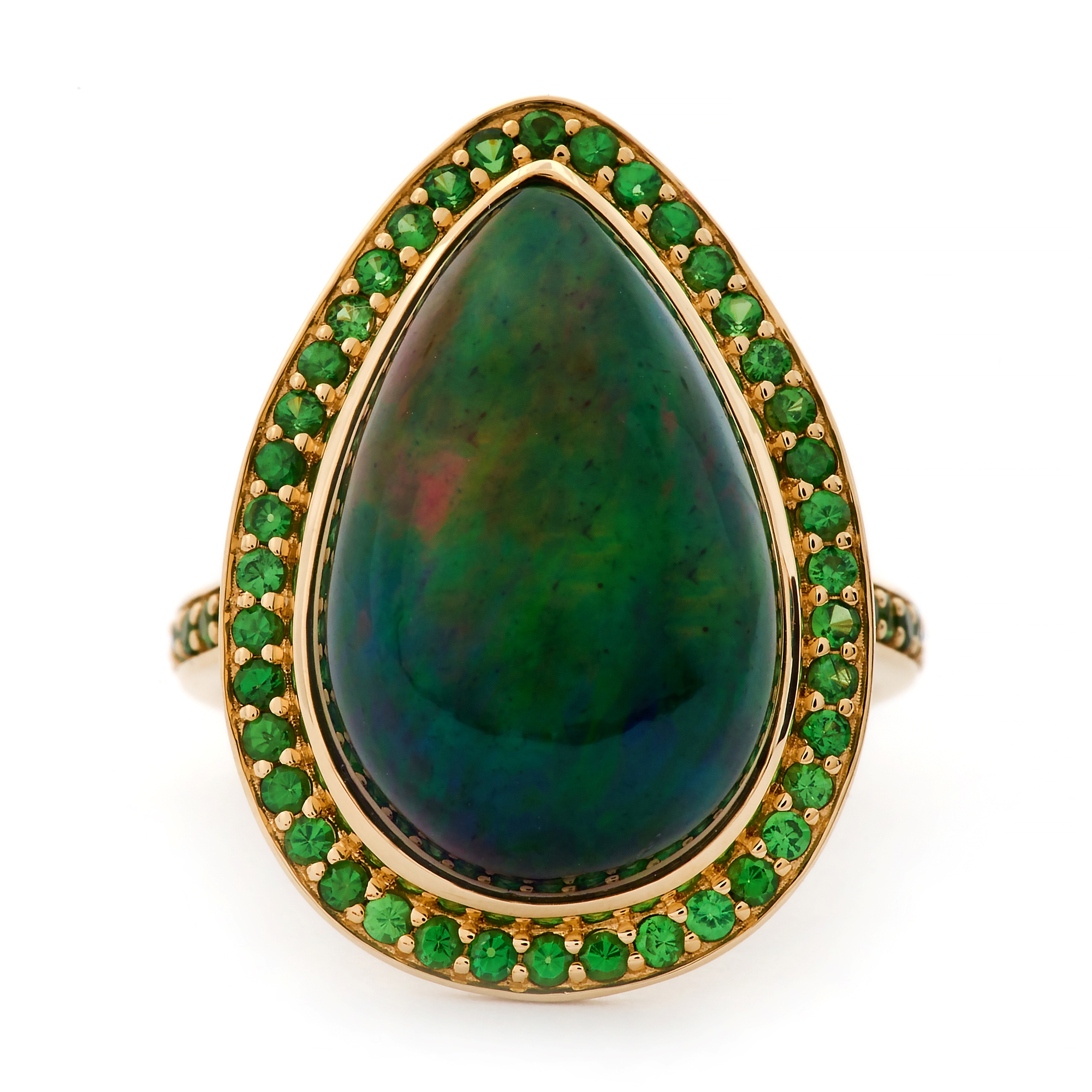 Inel GALA aur galben de 18k, opal negru (8.86 ct.)  si tsavorit