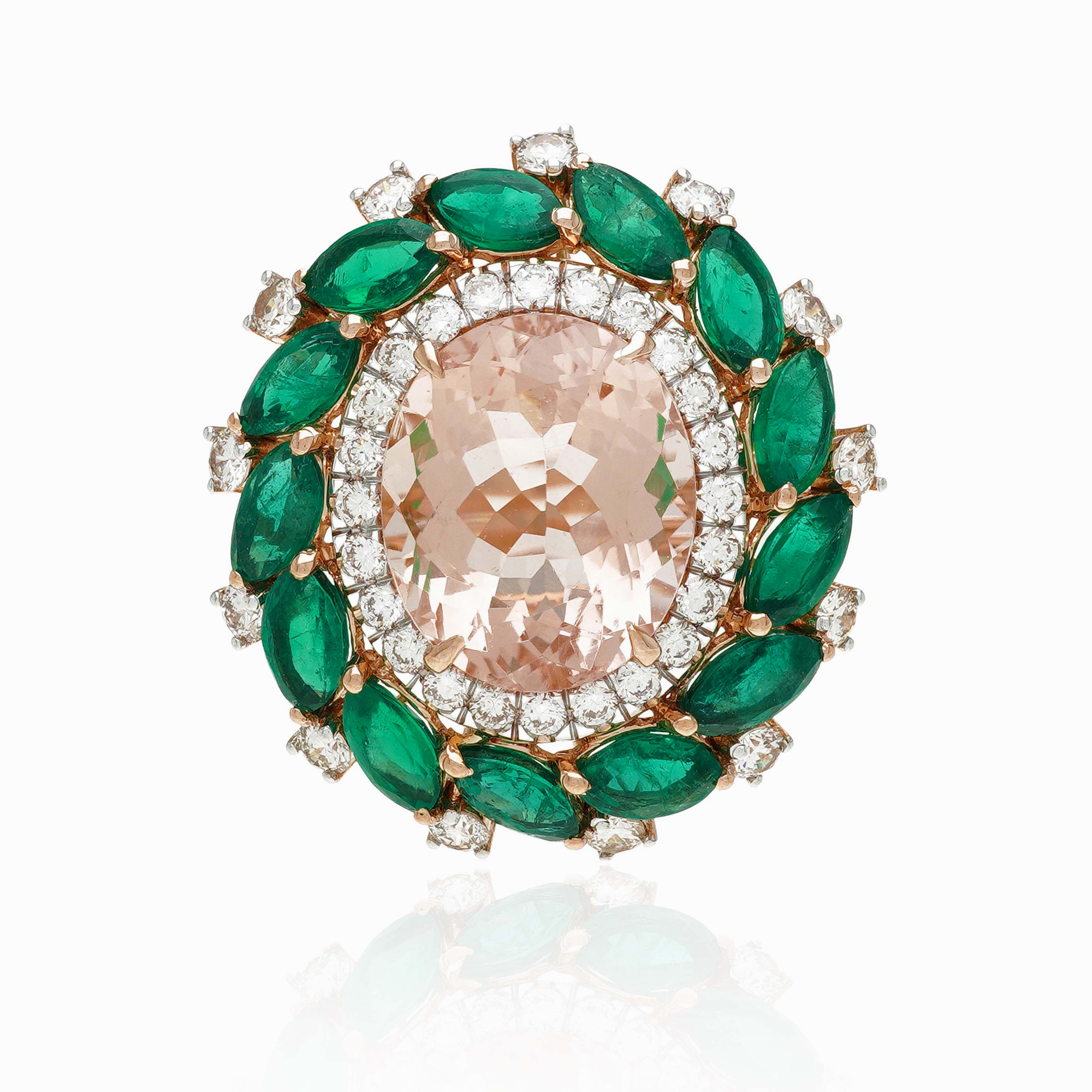 Inel GALA: aur roz 18k / morganit  / smaralde / diamante