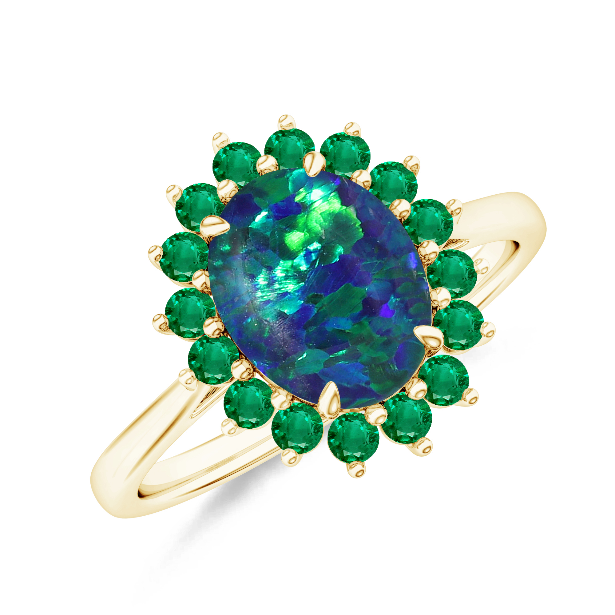 Inel TIMELESS din aur galben de 18k cu opal australian  si smaralde