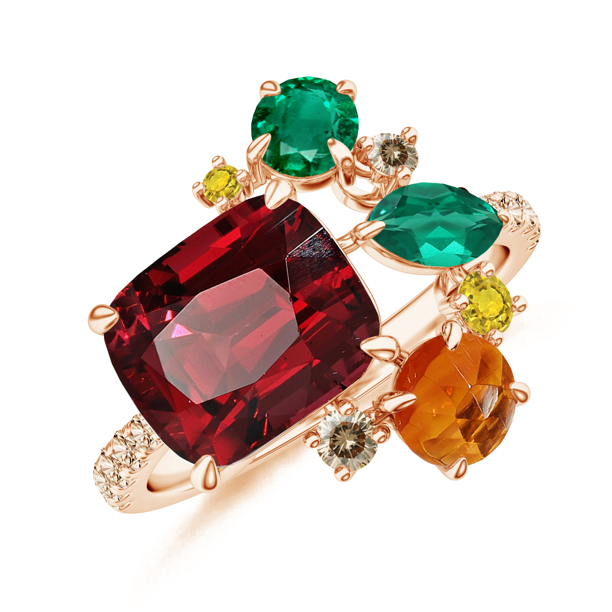 Inel ALLEGRIA: aur roz 18k / granat / smarald / spesartit / safir / diamante