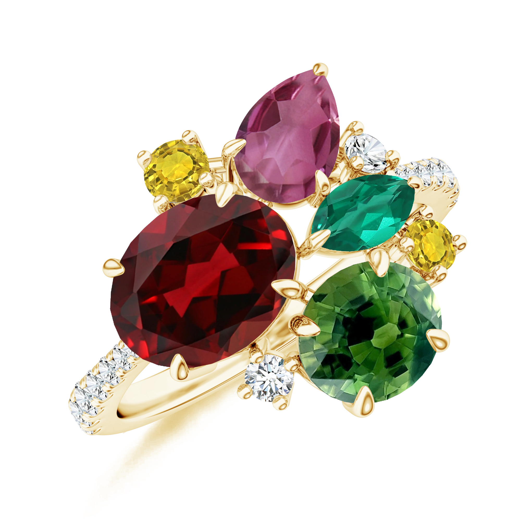 Inel ALLEGRIA: aur galben 18k / granat / smarald / turmalina / safir / diamante