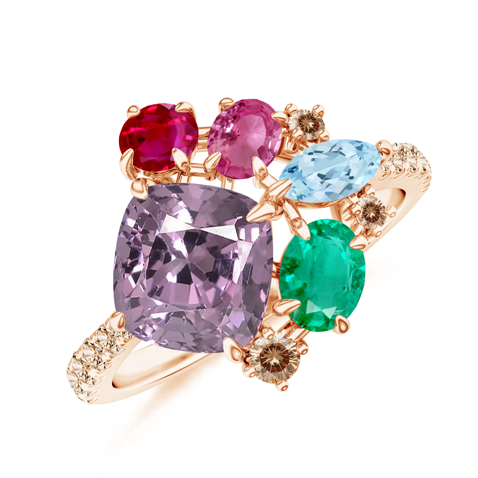Inel ALLEGRIA: aur roz 18k / spinel / acvamarin / rubin / smarald / diamante
