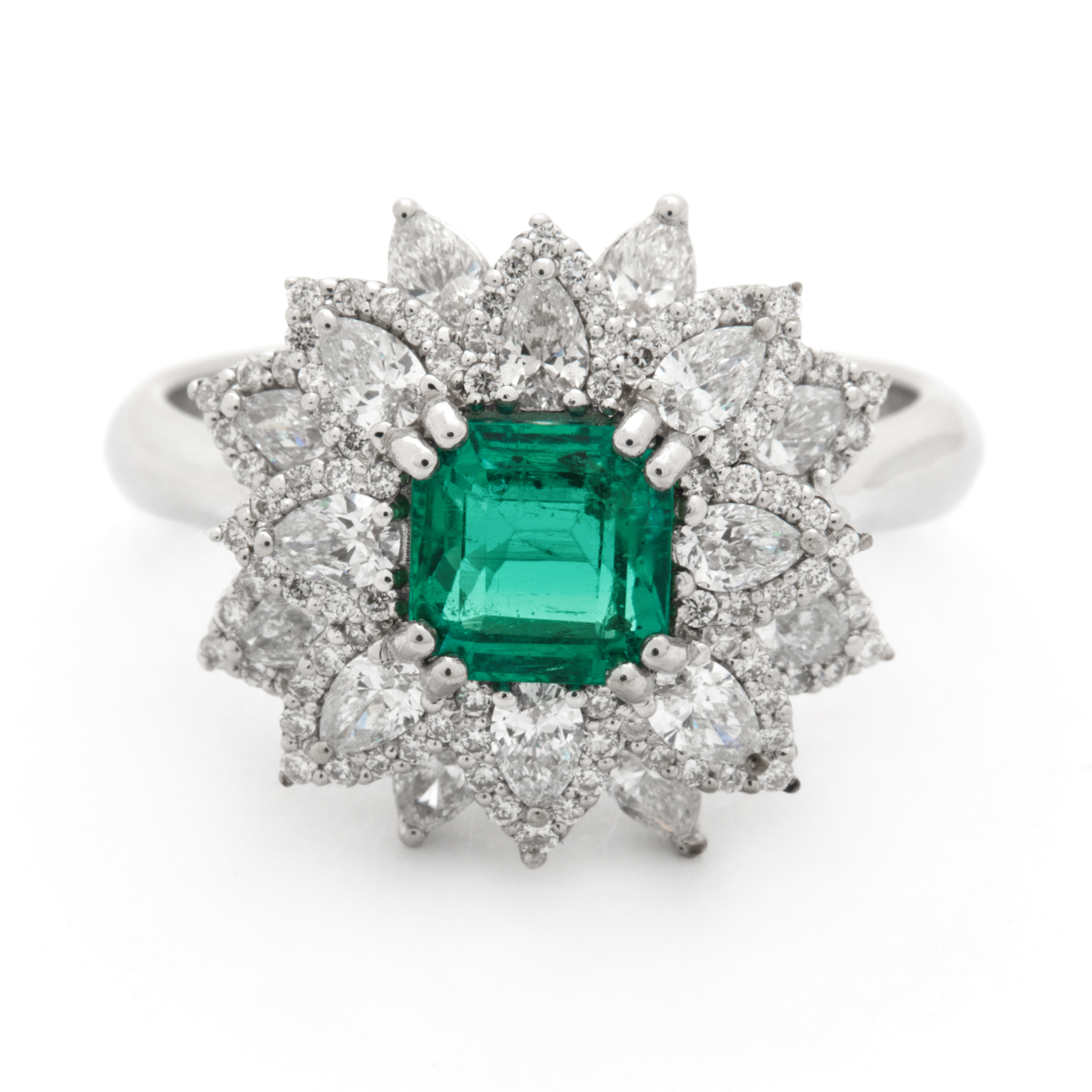 Inel aur alb 18k, smarald 1.4 ct. si diamante 1.03 ct.