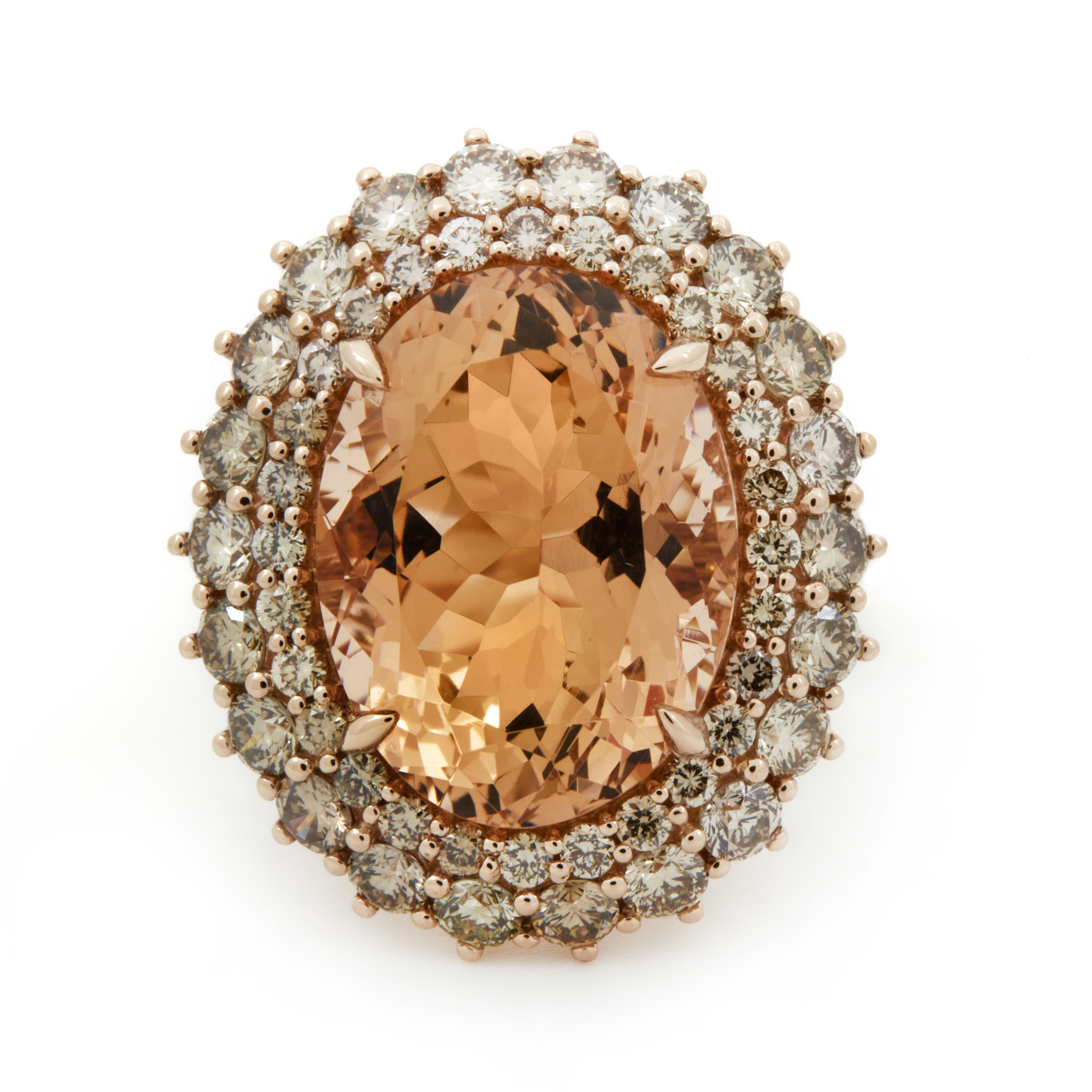 Inel GALA din aur roz de 18k cu morganit (9.56 ct.) si diamante sampanie (1.97 ct.)