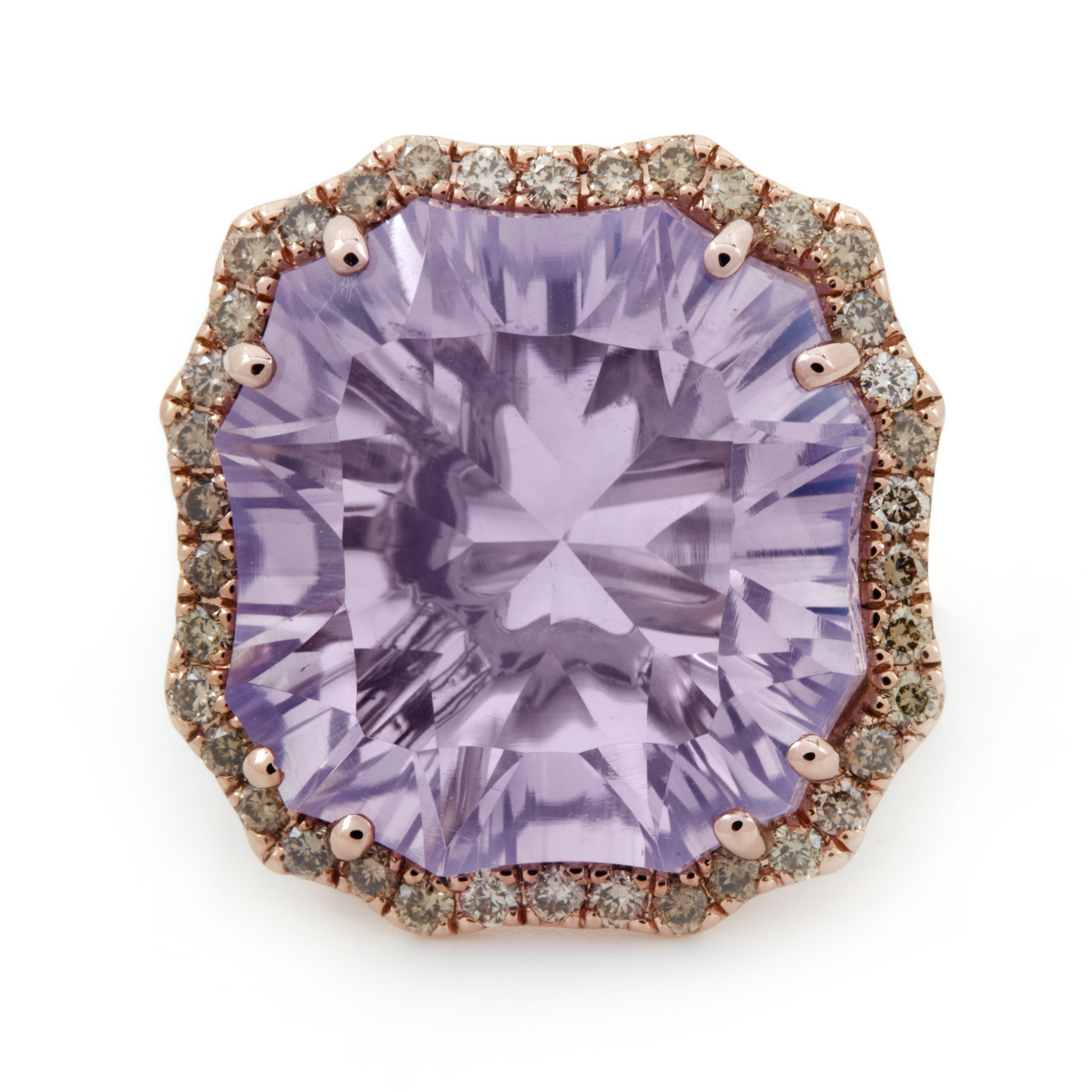 Inel GALA din aur roz de 18k cu ametist (20.74 ct.) si diamante sampanie (1.445 ct.)
