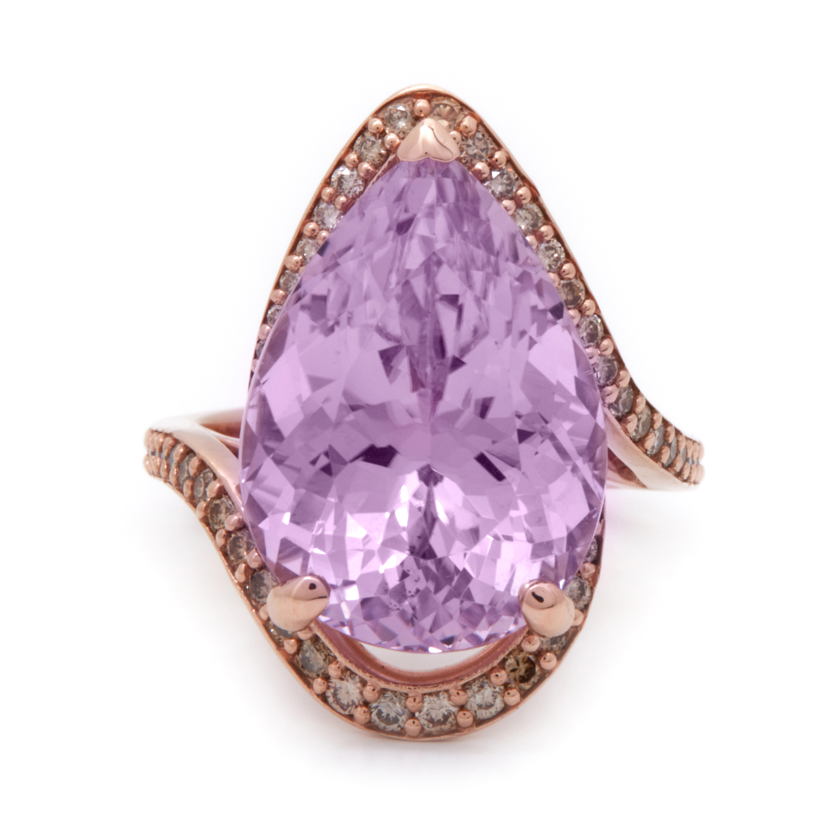 Inel GALA din aur roz de 18k cu kunzit (14.39 ct.) si diamante sampanie (0.559 ct.)