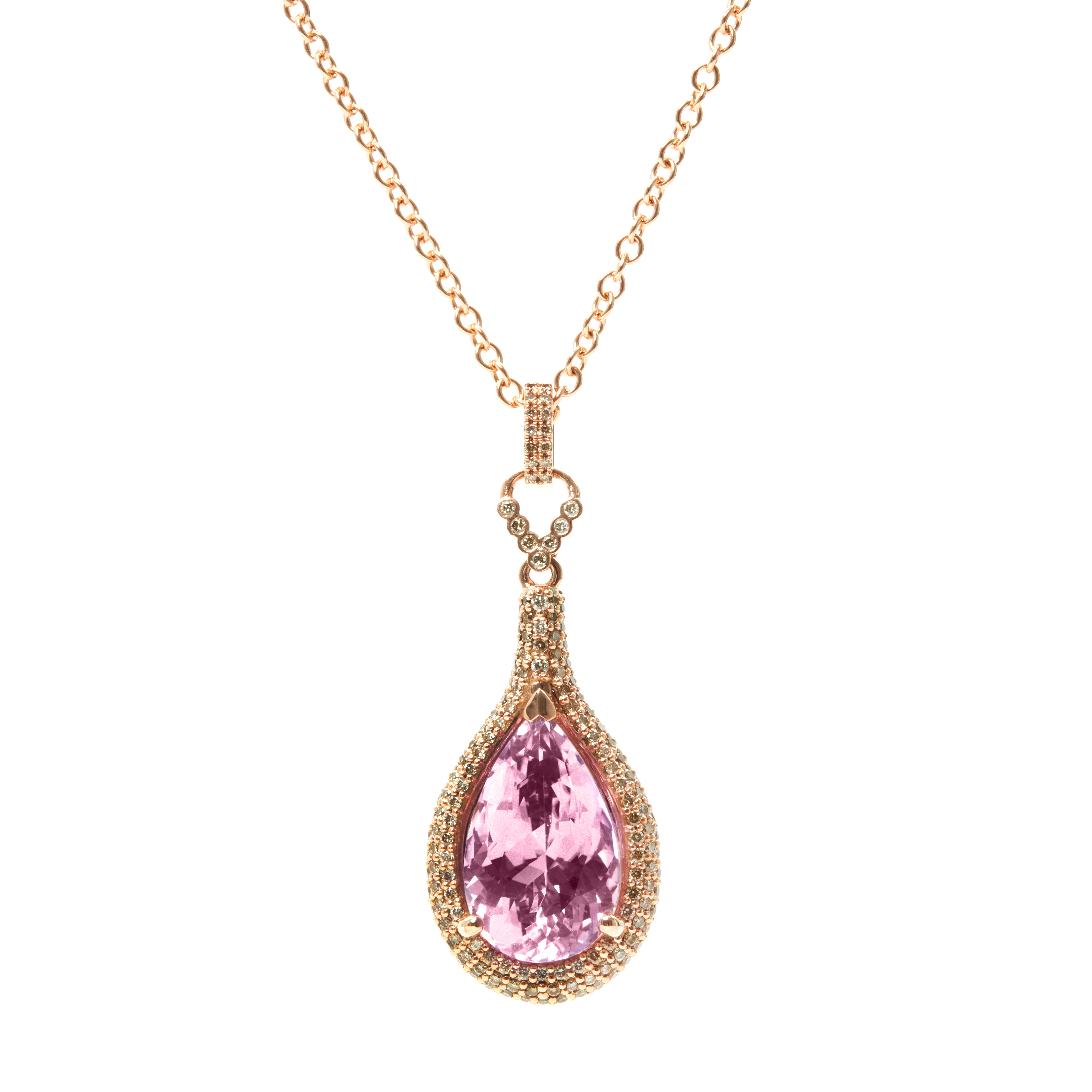 Pandantiv GALA din aur roz de 18k cu kunzit (15.33 ct.) si diamante sampanie (1.366 ct.)