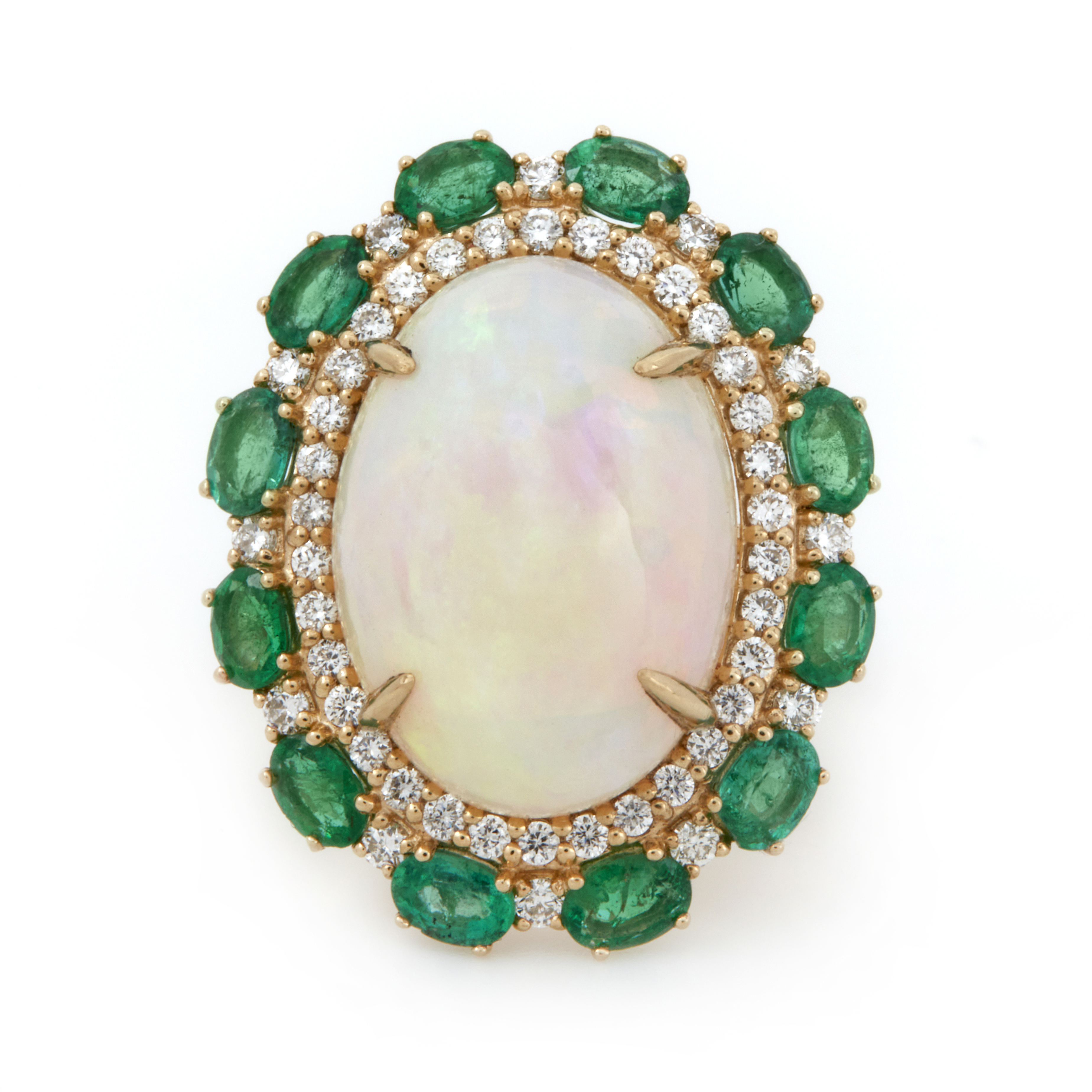 Inel GALA din aur galben de 18k cu opal (9.54 ct.), smaralde (1.044 ct.) si diamante (0.574 ct.)