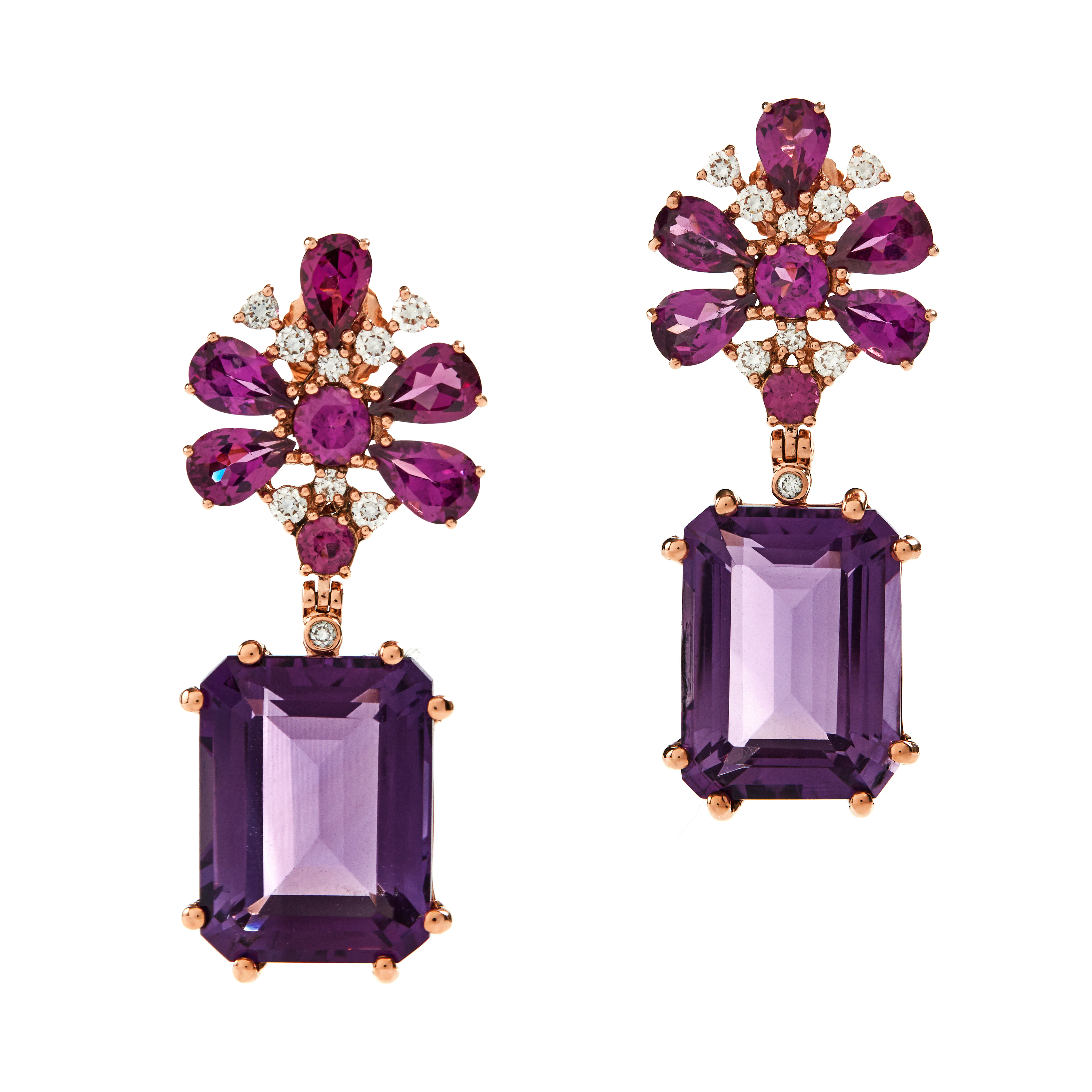Cercei GALA din aur roz de 18k cu ametist (23.34 ct.), rodolit si diamante