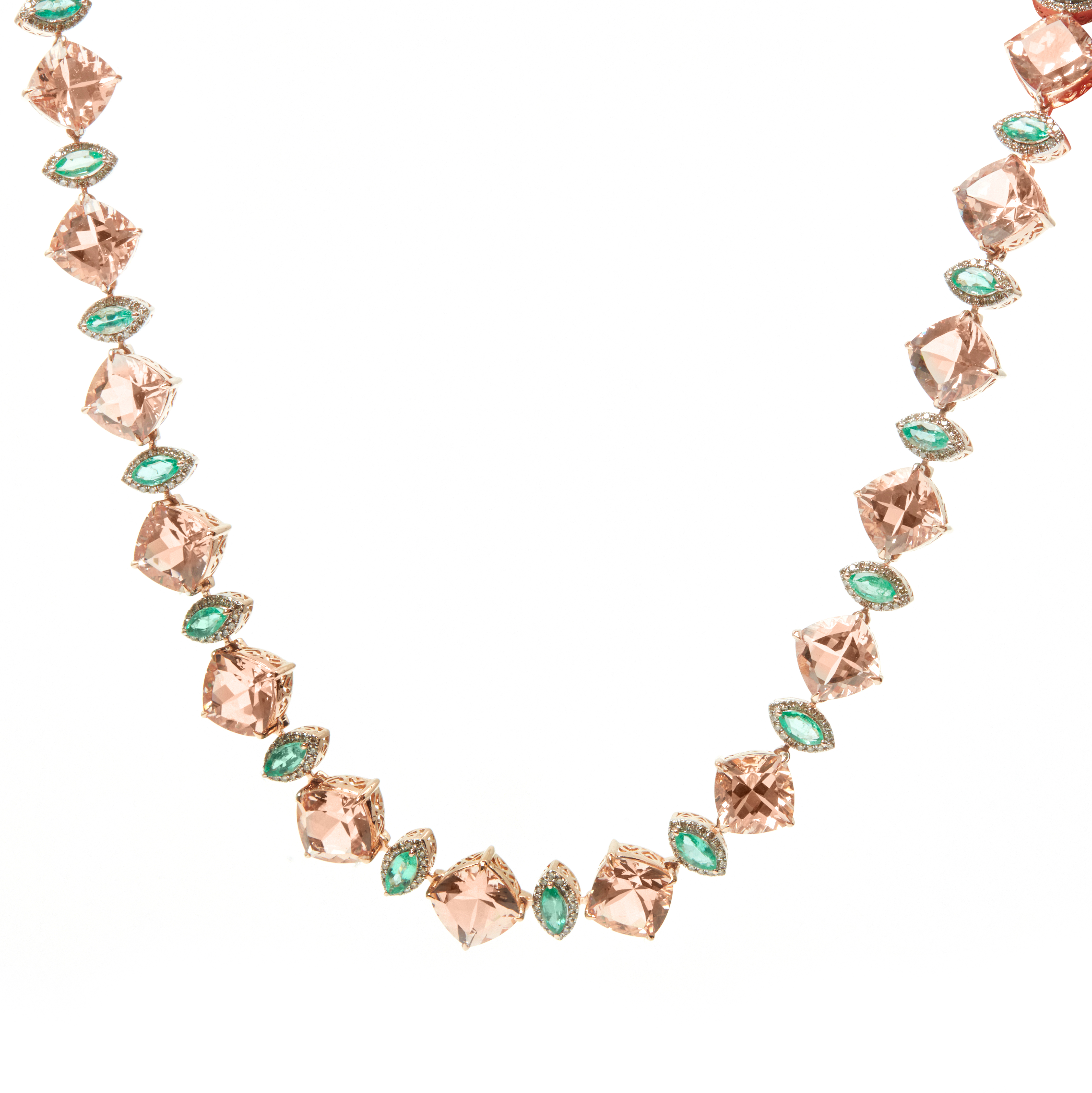 Colier GALA din aur roz de 18k cu morganit (60.26 ct.), smaralde (5.04 ct.) si diamante (1.82 ct.)
