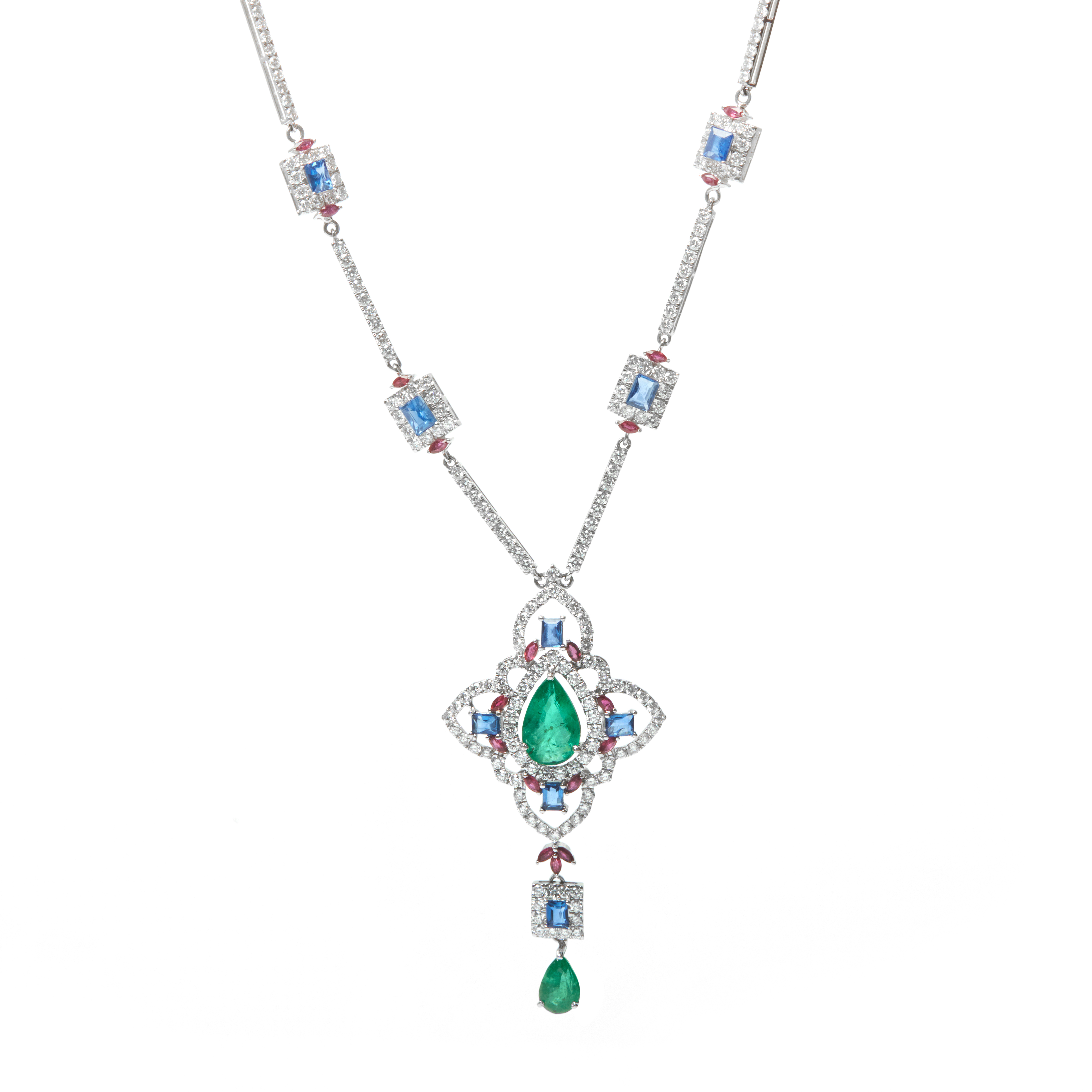 Colier GALA din aur alb de 18k cu smaralde (3.32 ct.), safire albastre (2.29 ct.), rubine (0.96 ct.) si diamante (4.17 ct.)