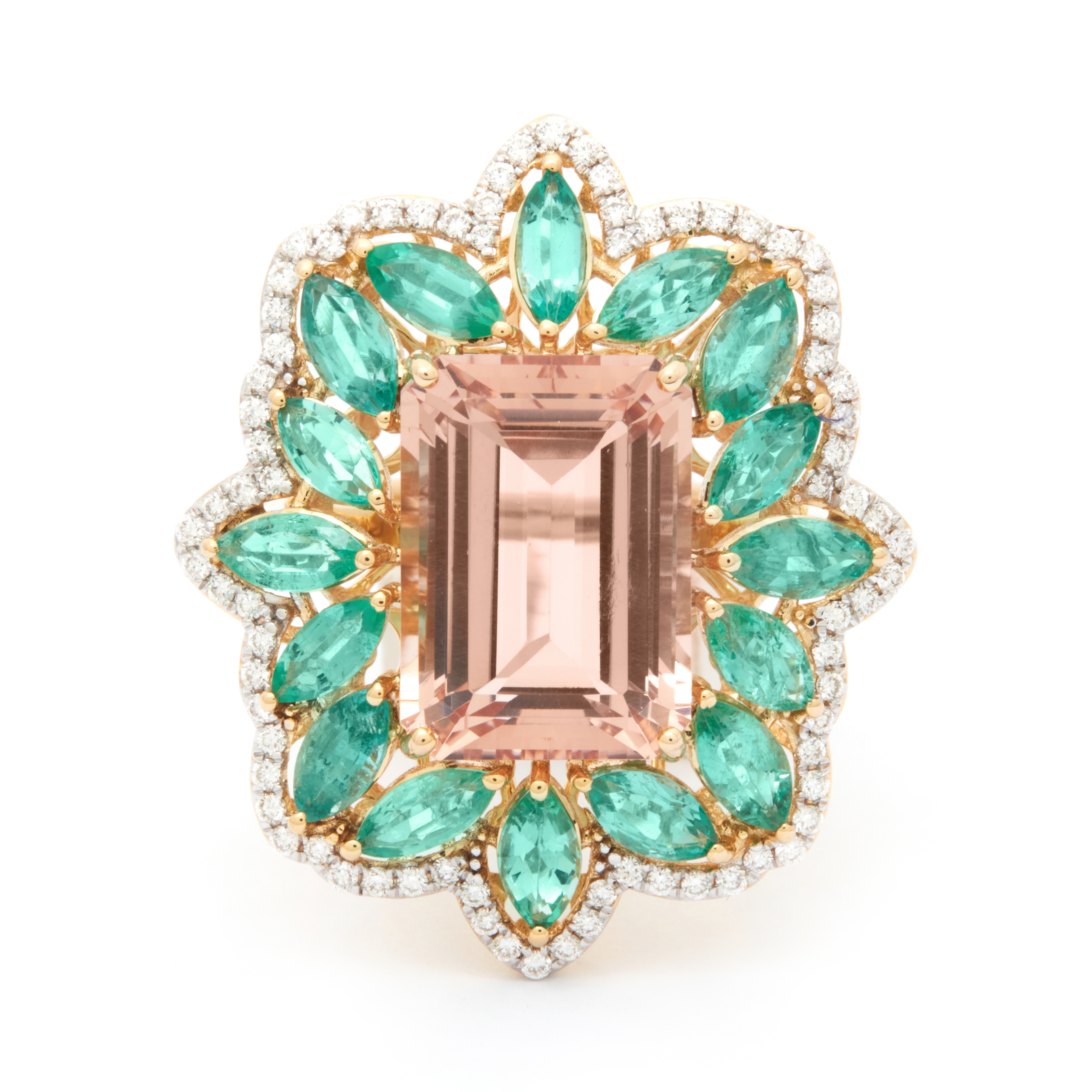 Inel GALA din aur galben de 18k cu morganit (7.02 ct.), smaralde (2.79 ct.) si diamante sampanie (0.44 ct.)