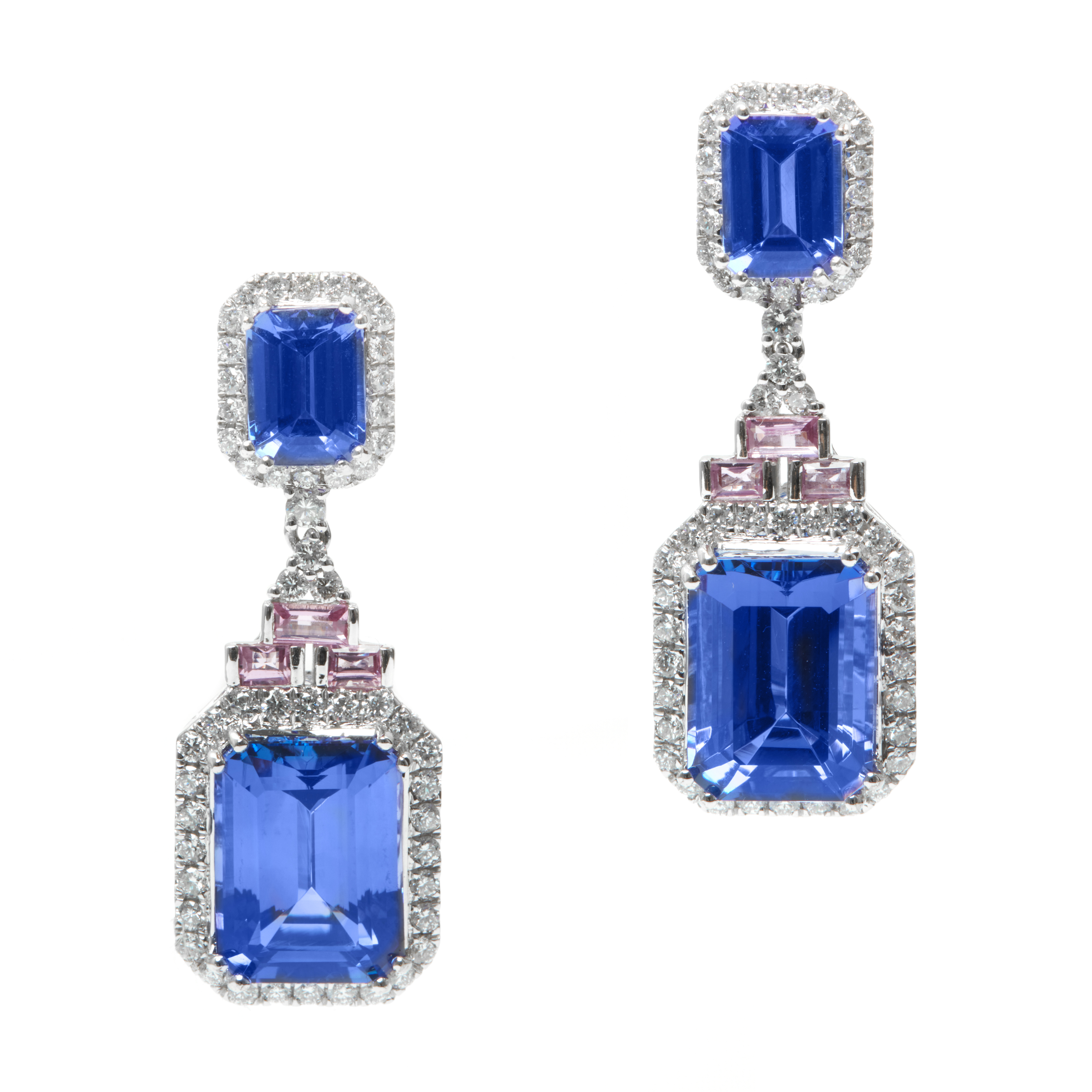 Cercei GALA din aur alb de 18k cu tanzanite (18.42 ct.), safire roz (0.71 ct.) si diamante (1.53 ct.)