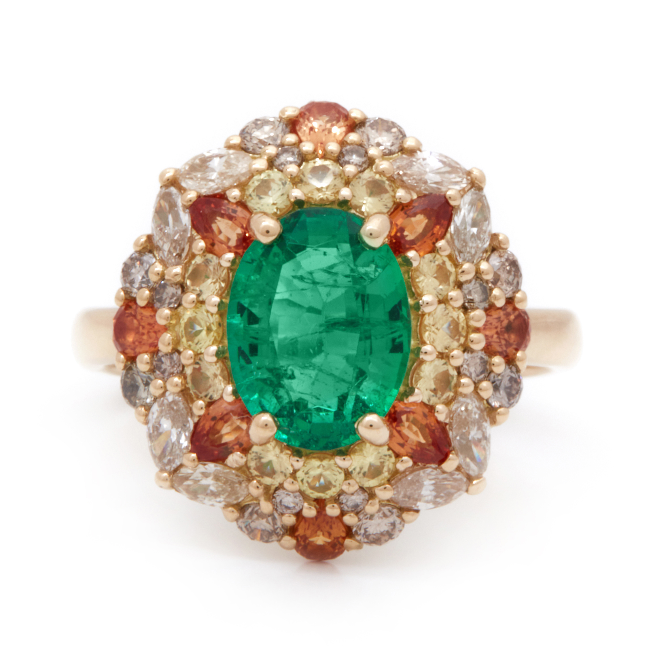 Inel GALA din aur galben de 18k cu smarald, safire si diamante sampanie