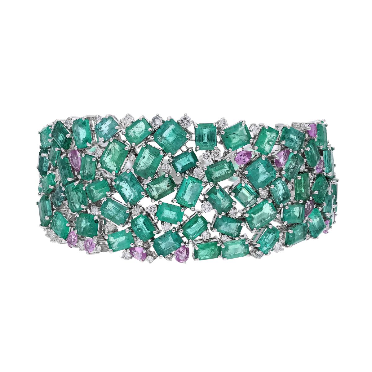 Bratara GALA din aur alb de 18k cu smaralde (42.36 ct.), safire roz (4.18 ct.) si diamante (2.46 ct.)