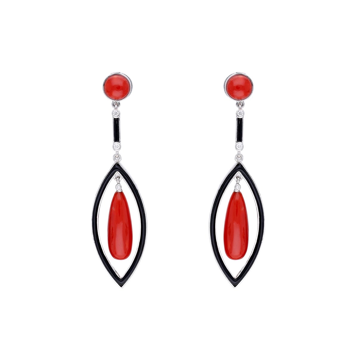 Cercei TIMELESS din aur alb de 18k cu coral rosu, onix  si diamante